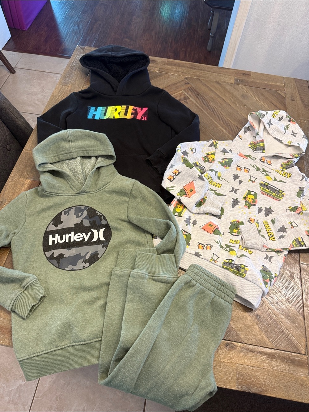 Hurley Kids Green Hoodie and Jogger Set with Camouflage Logo and 2 other hoodies